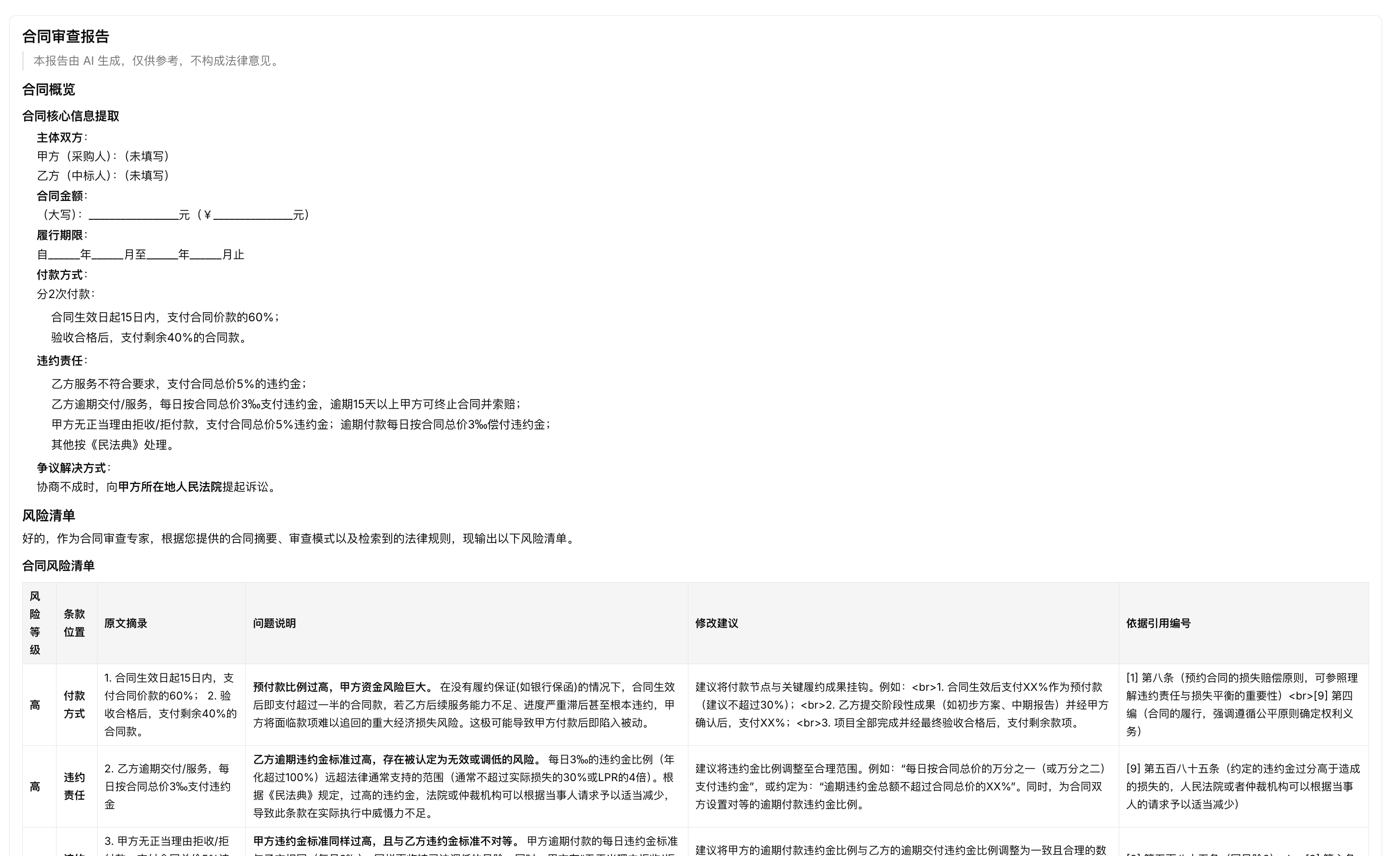 Contract intelligent review report UI